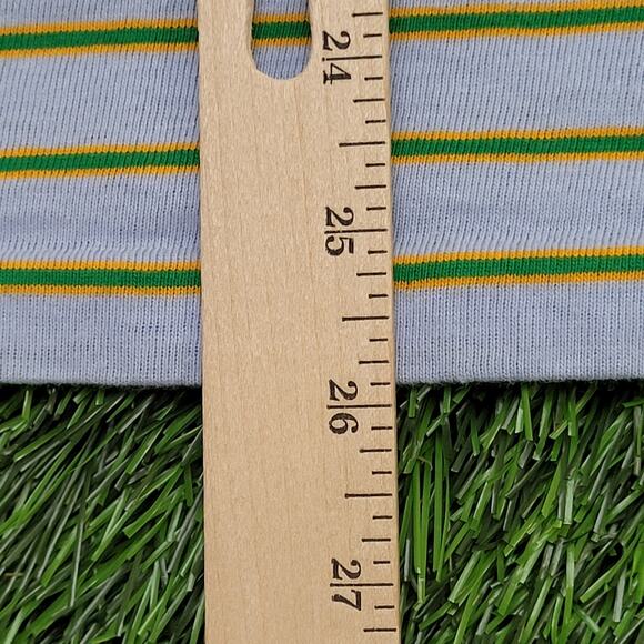Vintage 90s MOD Stripes Polo Shirt Small 18x26 Blue Green Yellow - Picture 12 of 12